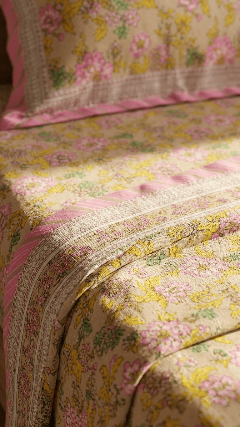 Pink and Yellow Floral Block-Print Style Cotton Double Bedsheet with Pillow Covers