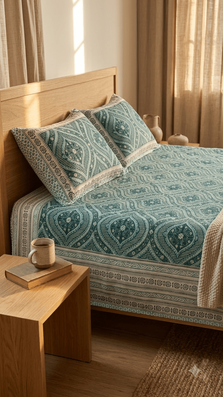 Teal and Sage Green Block-Print Style Cotton Double Bedsheet with Pillow Covers