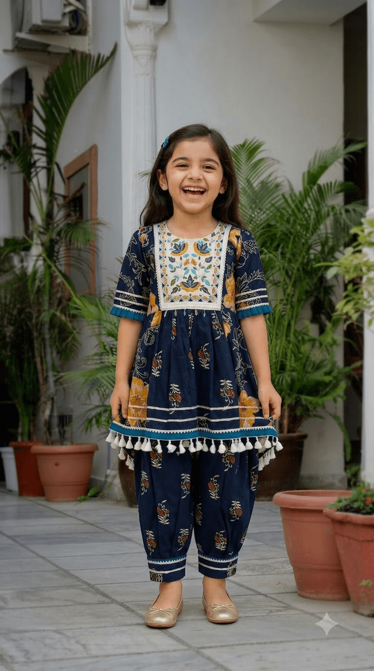 Girls Navy Blue Floral Printed Cotton Kurta with Dhoti Pant Set & Embroidered Yoke