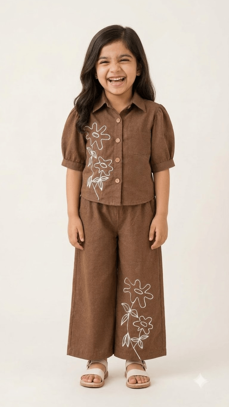 Girls Chestnut Brown Linen Cotton Floral Embroidered Shirt with Wide-Leg Pants Co-Ord Set