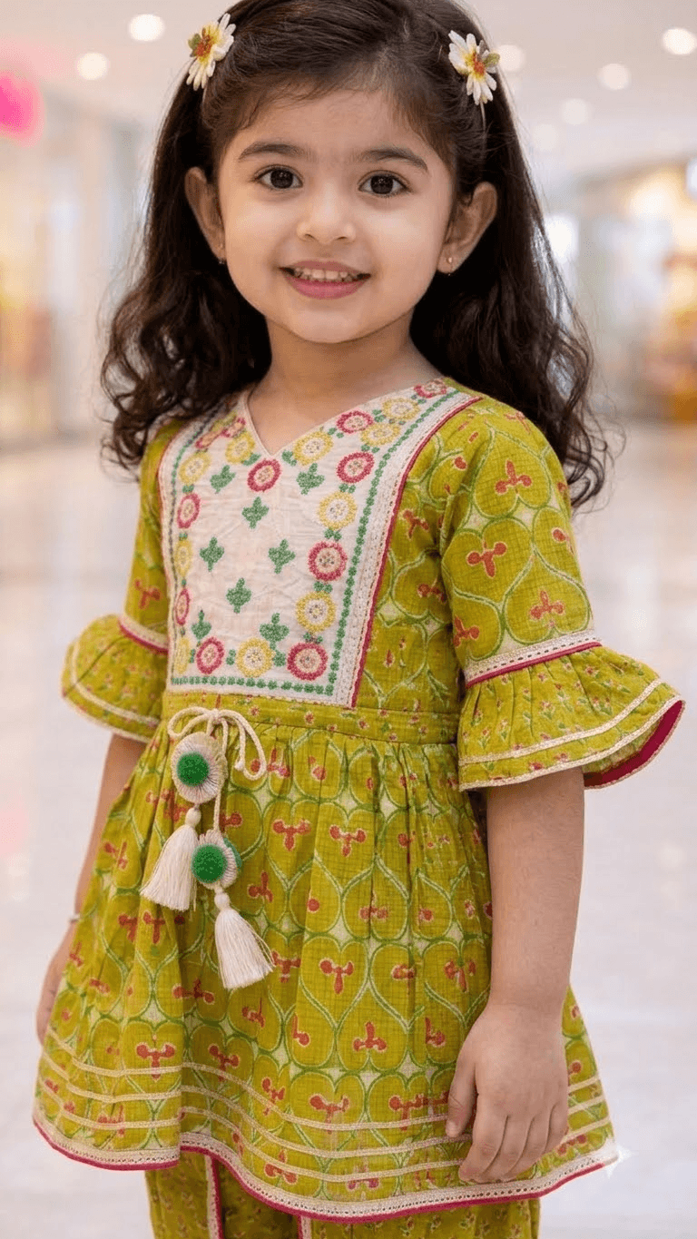 Girls Olive Green Printed Cotton Kurta with Dhoti Pant Set & Embroidered Yoke
