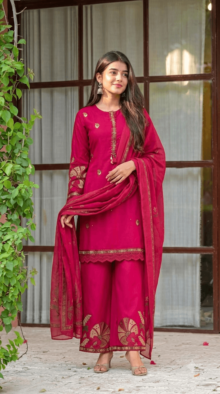 Rani Pink Embroidered Cotton Kurta with Palazzo and Dupatta Set