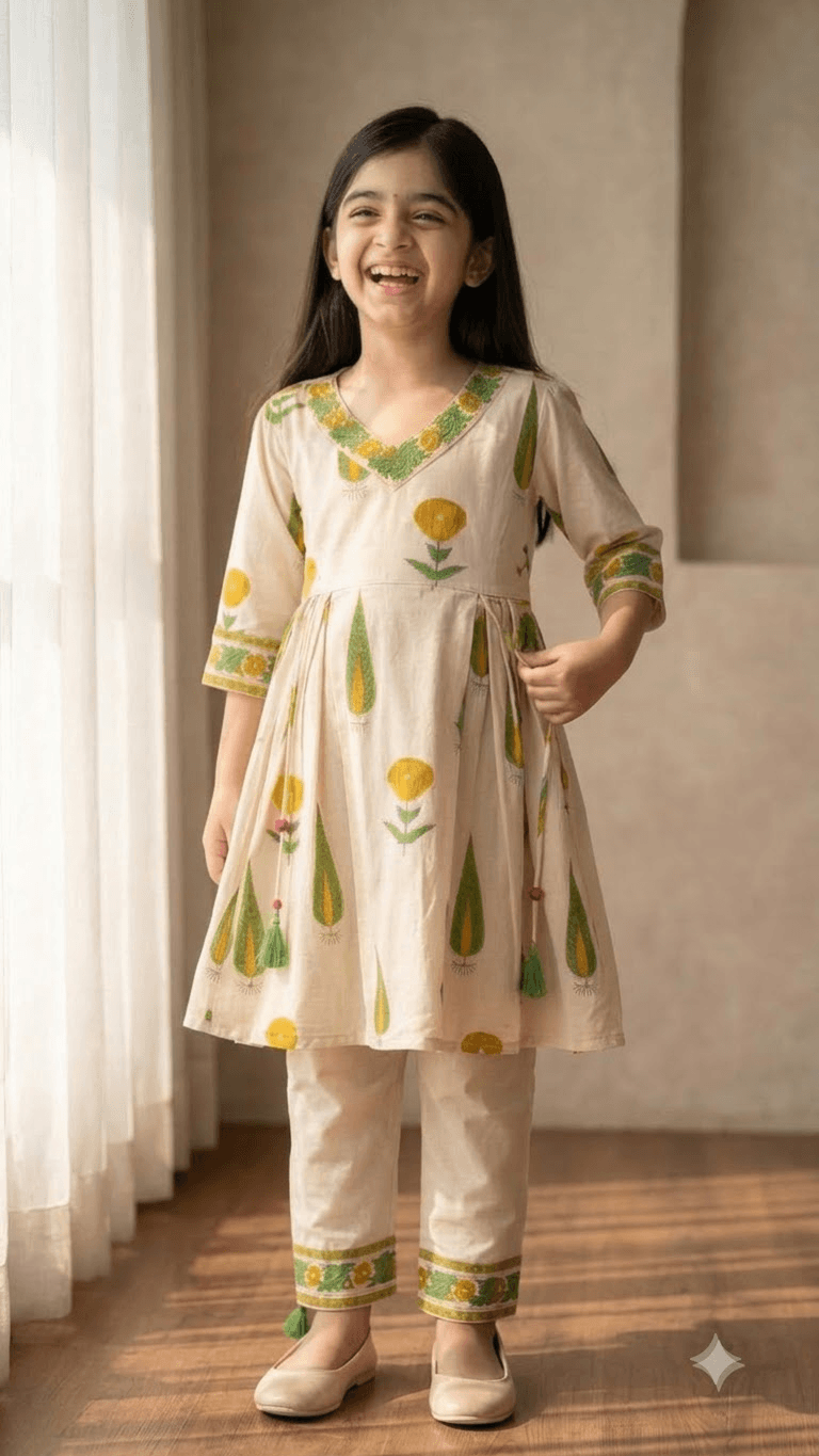 Girls Off-White & Yellow Hand Block Printed Cotton Angrakha Kurta with Pant Set