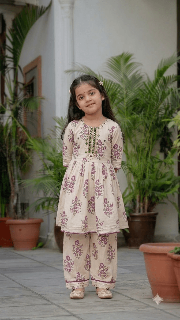 Girls Off-White & Purple Floral Printed Cotton Kurta with Straight Pant Set