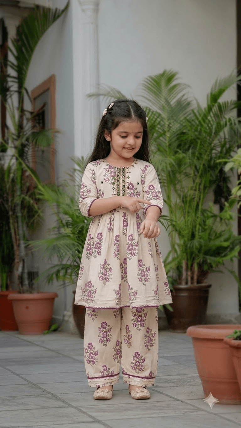 Girls Off-White & Purple Floral Printed Cotton Kurta with Straight Pant Set
