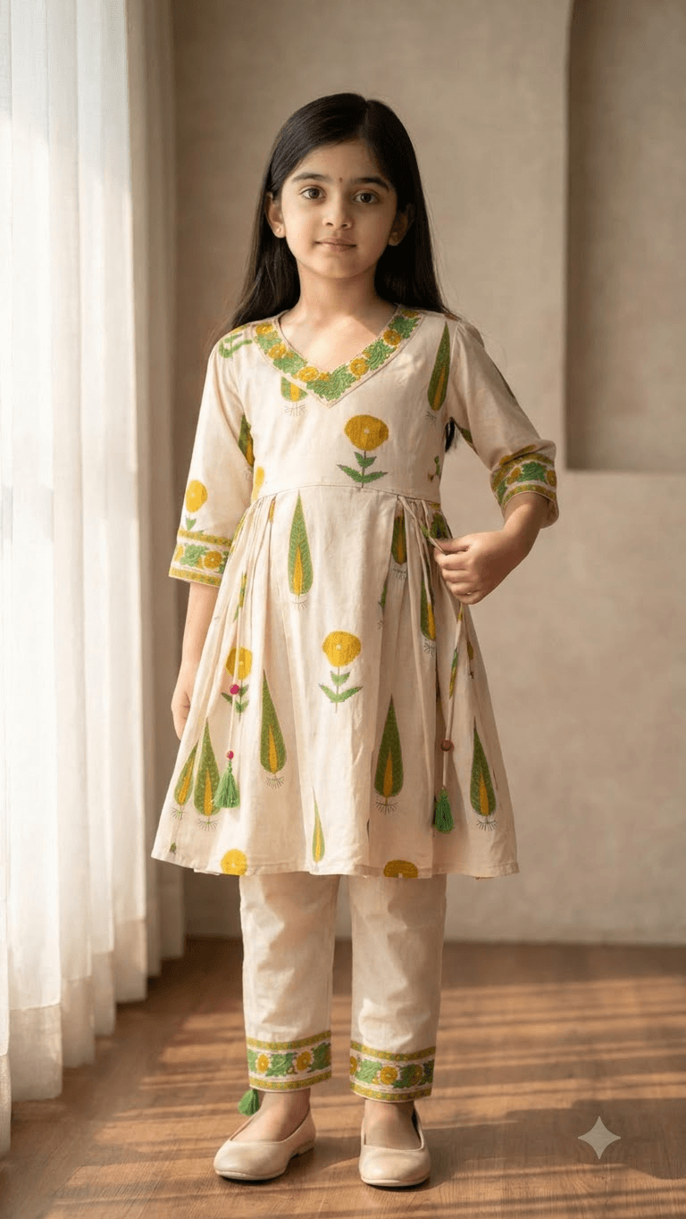 Girls Off-White & Yellow Hand Block Printed Cotton Angrakha Kurta with Pant Set
