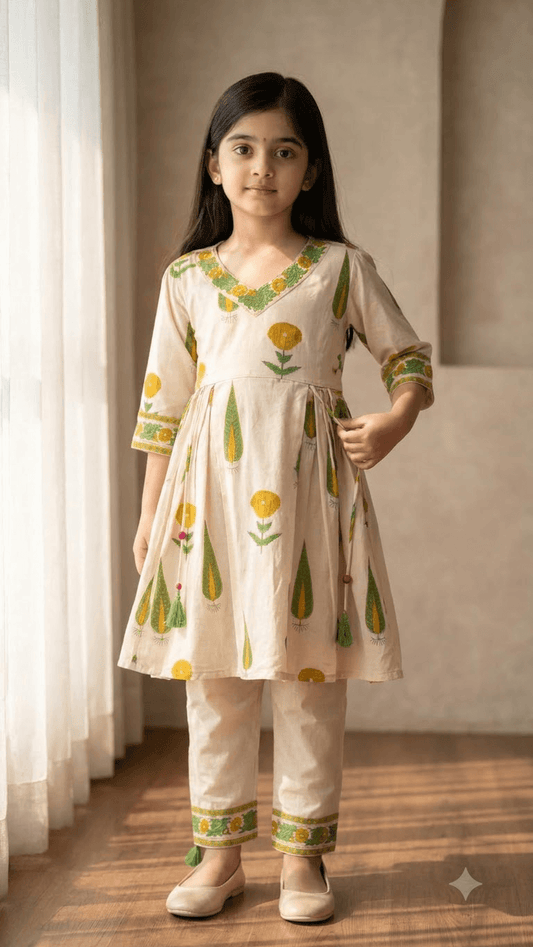 Girls Off-White & Yellow Hand Block Printed Cotton Angrakha Kurta with Pant Set