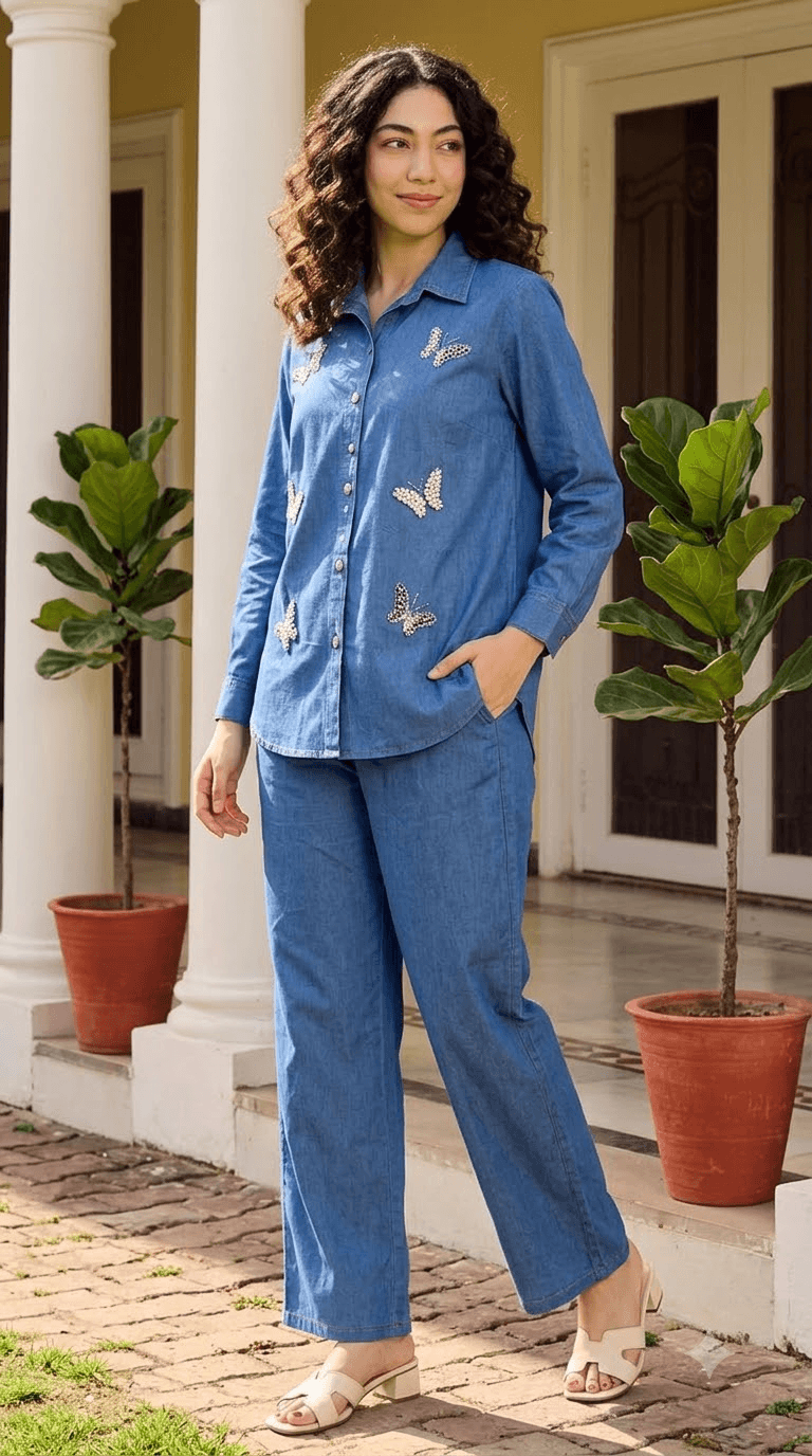 Blue Butterfly-Embroidered Denim Shirt with Wide-Leg Trouser Set