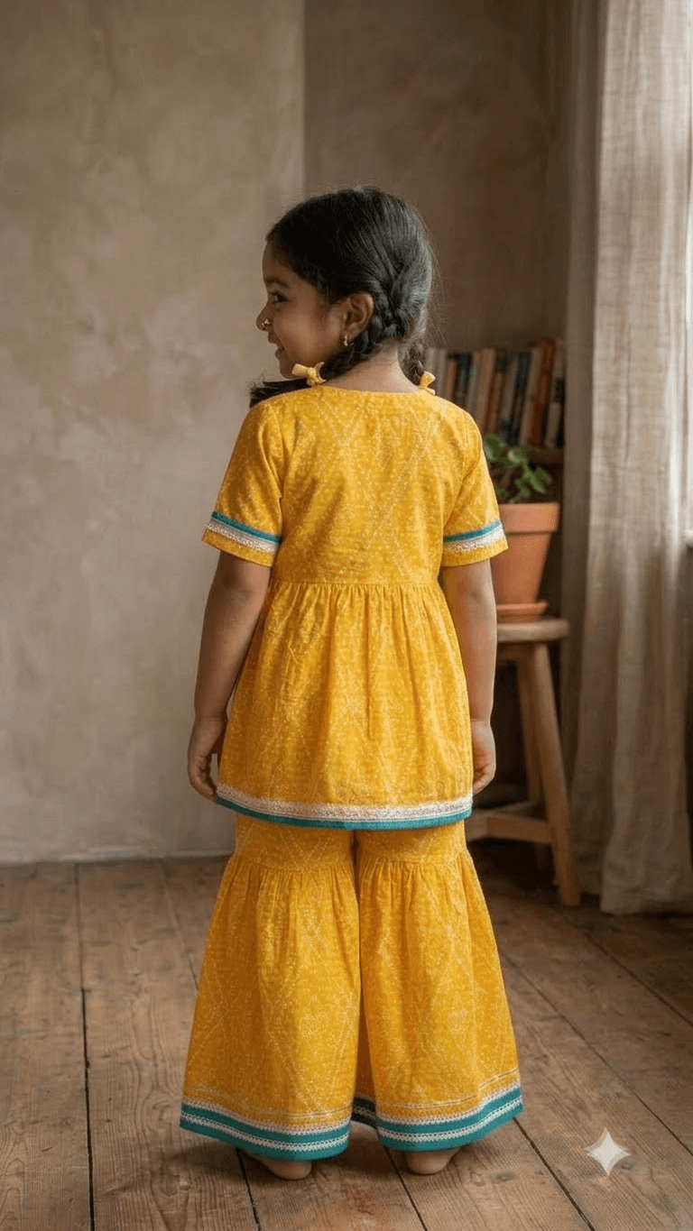 Girls Mustard Yellow Bandhani Printed Cotton Sharara Suit Set with Embroidered Yoke