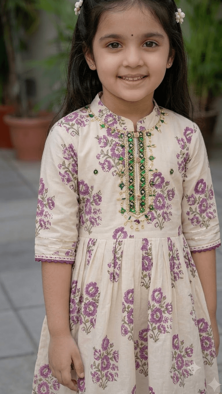 Girls Off-White & Purple Floral Printed Cotton Kurta with Straight Pant Set
