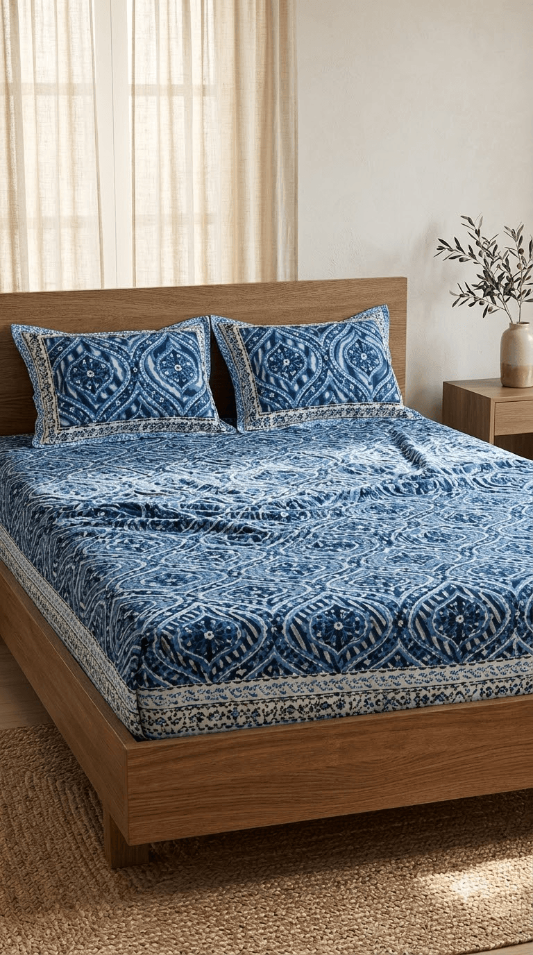 Blue and Indigo Block-Print Style Cotton Double Bedsheet with Pillow Covers
