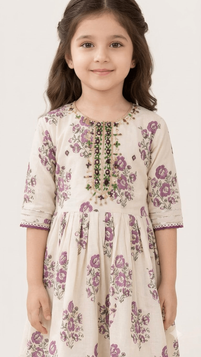 Girls Off-White & Purple Floral Printed Cotton Kurta with Dhoti Pant Set
