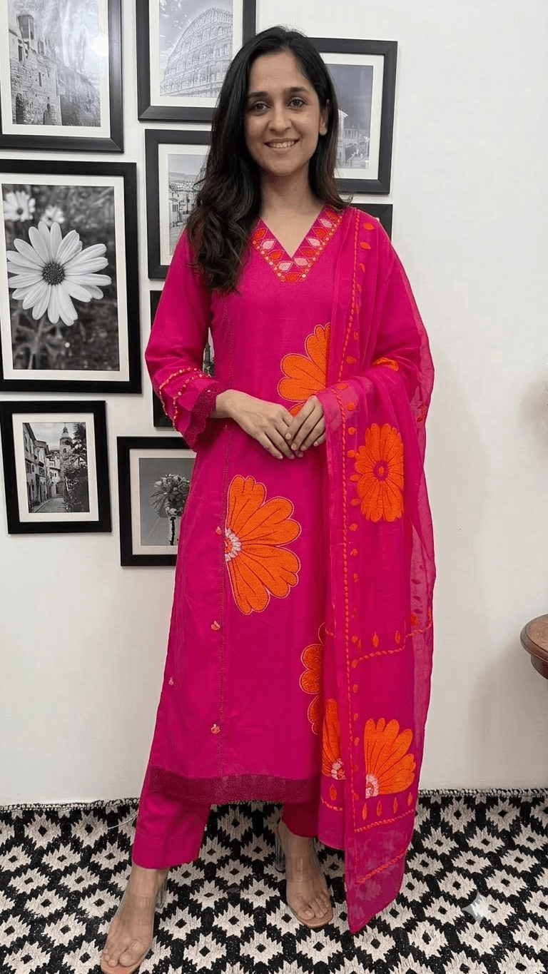 Hot Pink Embroidered Cotton Kurta, Salwar with Dupatta Set