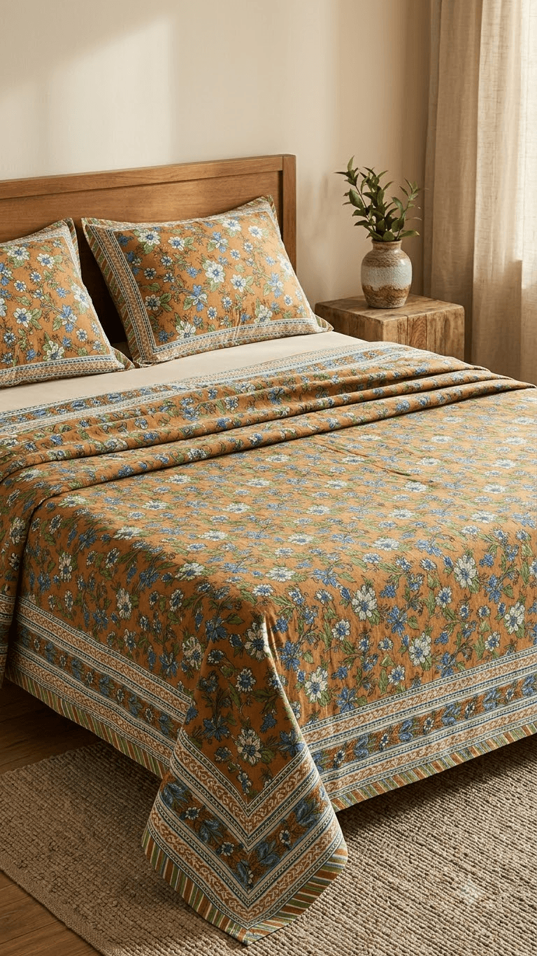 Mustard and Blue Floral Block-Print Style Cotton Double Bedsheet with Pillow Covers