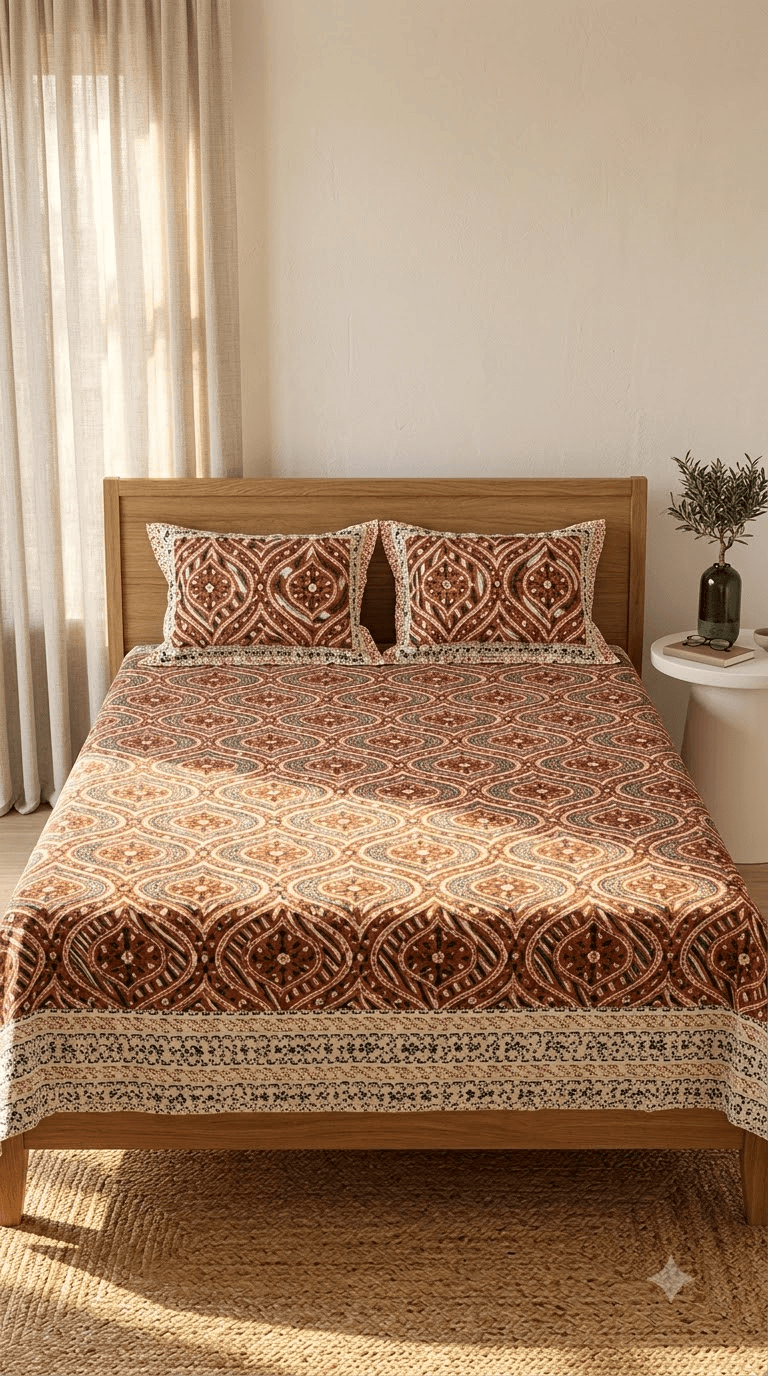 Rust Orange and Terracotta Block-Print Style Cotton Double Bedsheet with Pillow Covers