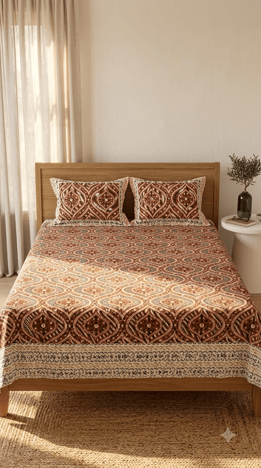 Rust Orange and Terracotta Block-Print Style Cotton Double Bedsheet with Pillow Covers