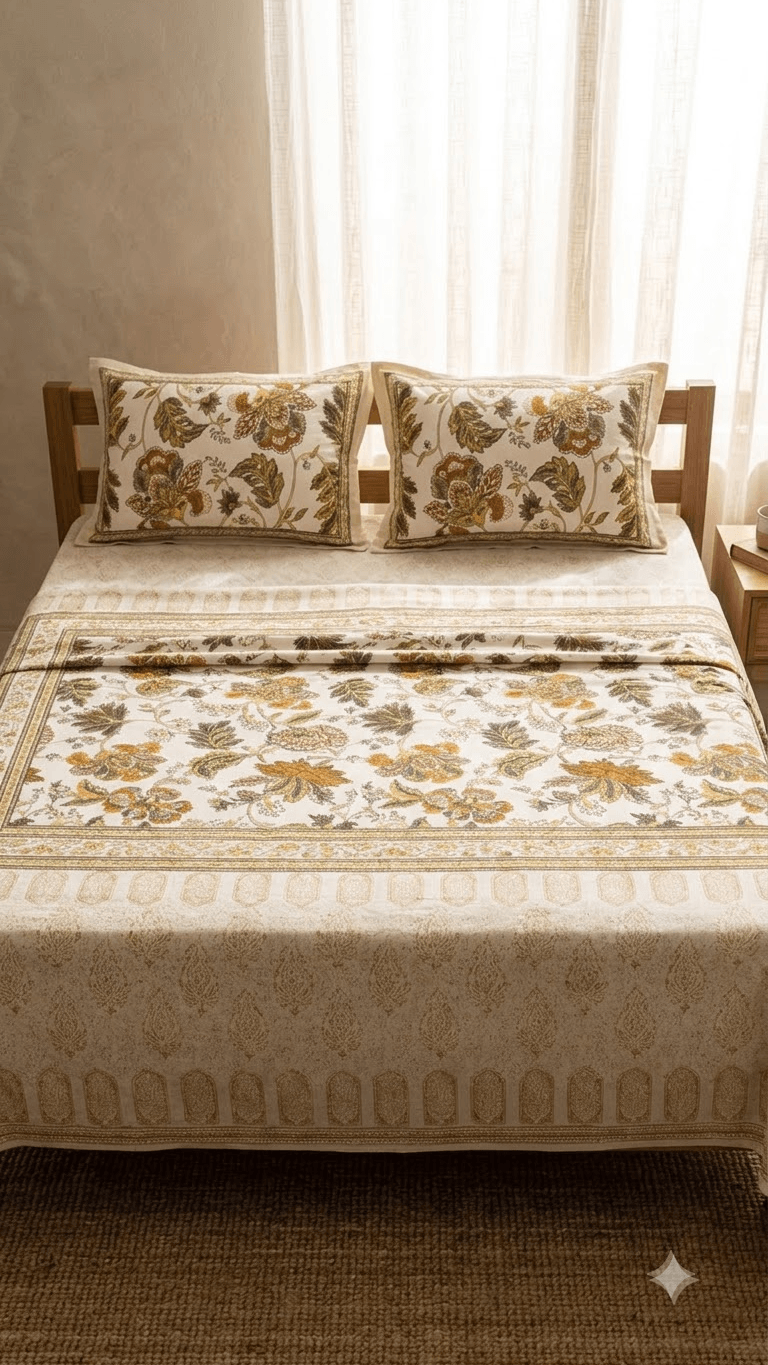 Mustard and Olive Floral Block-Print Style Cotton Double Bedsheet with Pillow Covers
