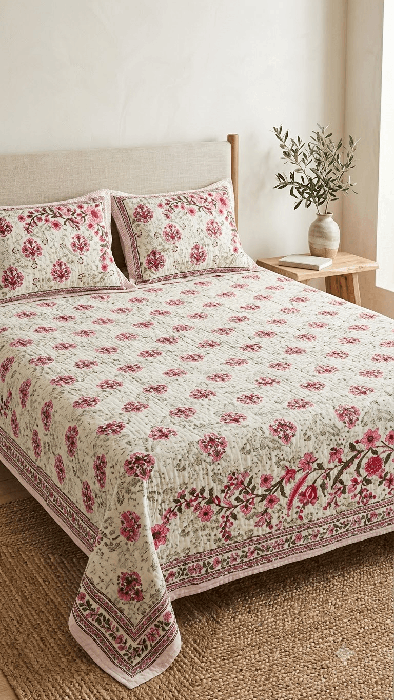 Pink and Burgundy Floral Block-Print Style Cotton Double Bedsheet with Pillow Covers