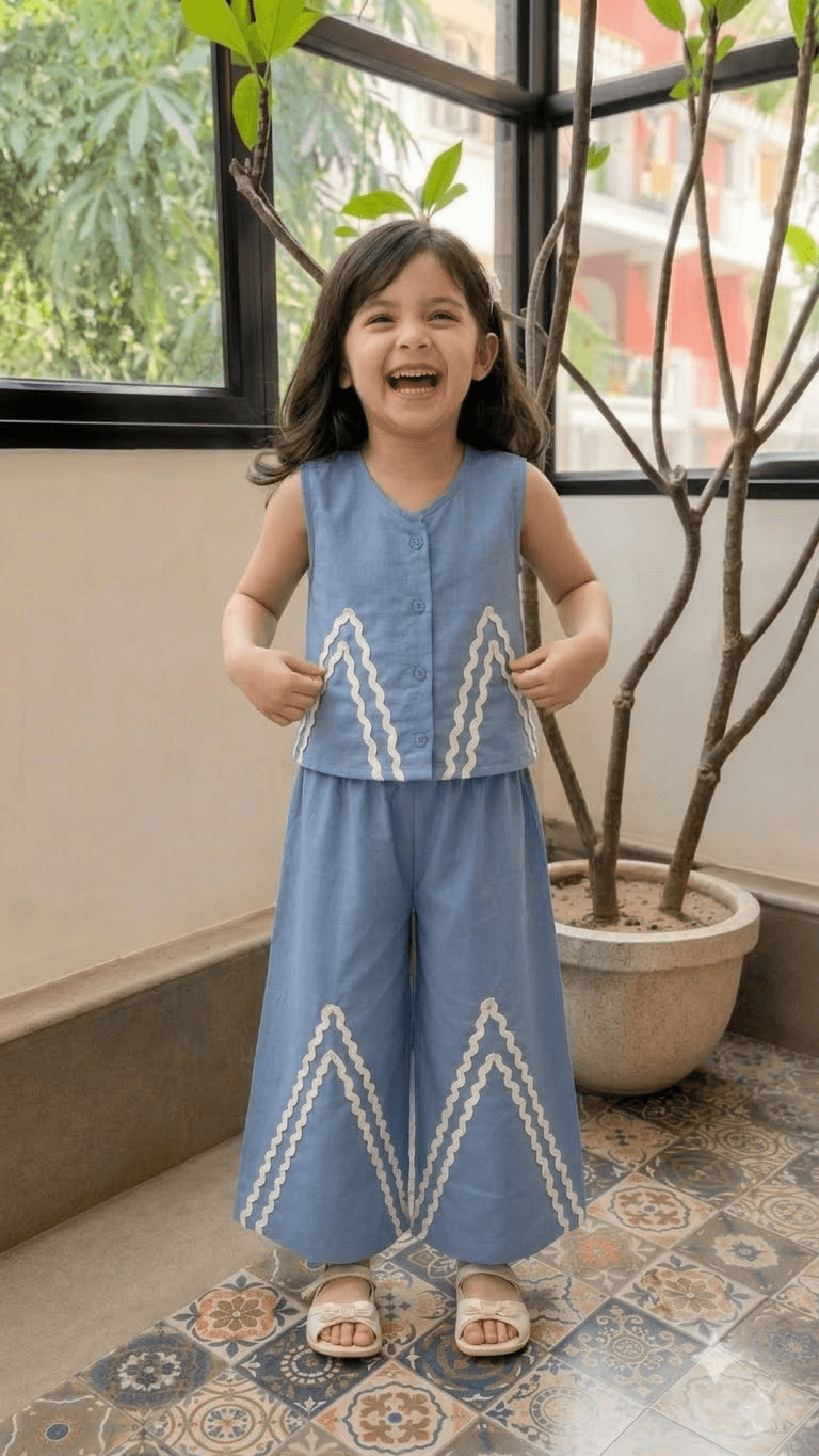 Girls Slate Blue Cotton Vest Top & Wide-Leg Pants Co-Ord Set with Lace Work