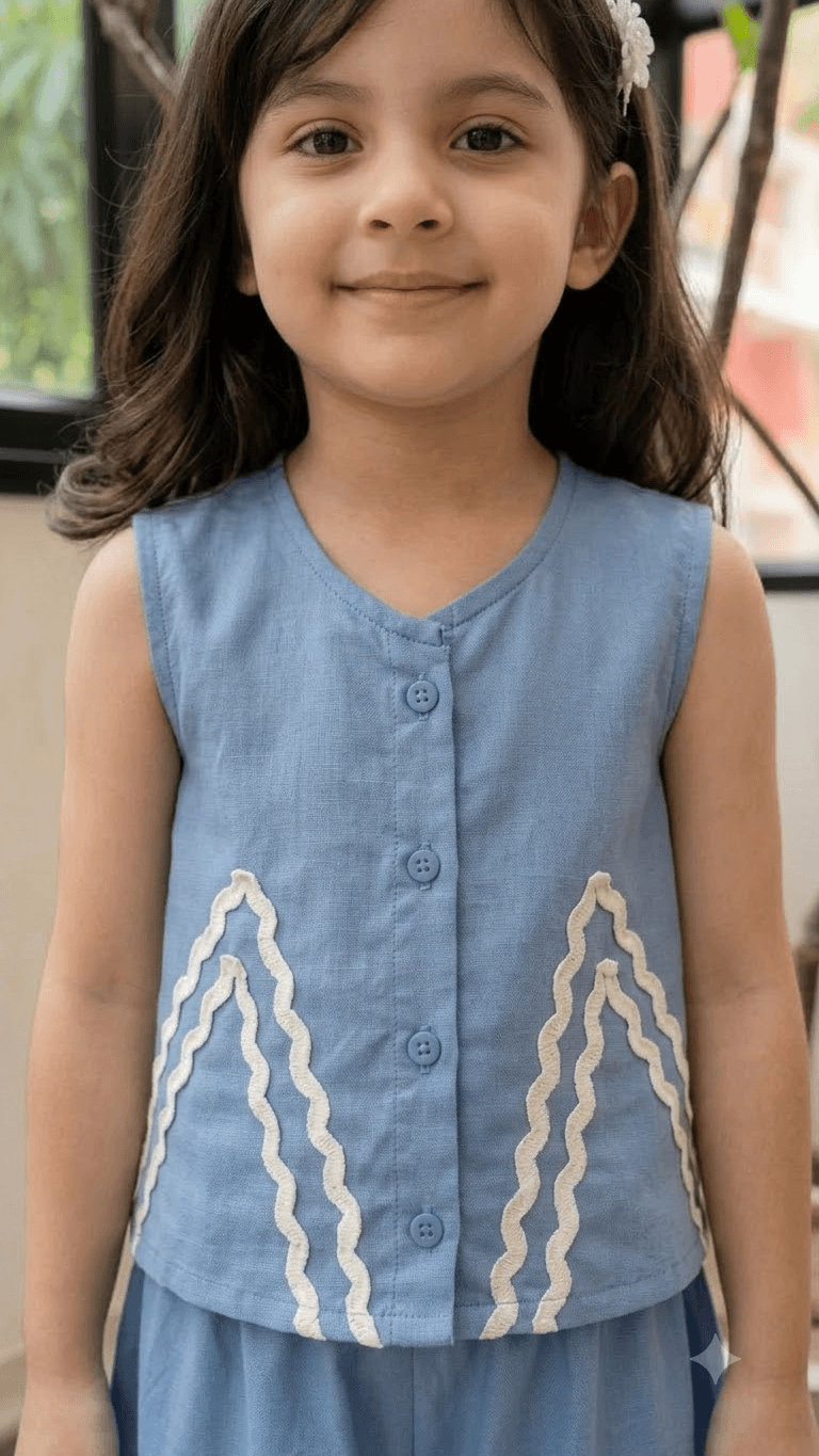 Girls Slate Blue Cotton Vest Top & Wide-Leg Pants Co-Ord Set with Lace Work