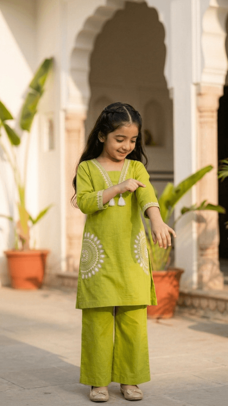 Girls Lime Green Embroidered Kurta and Palazzo Co-Ord Set | Kids Indo-Western Traditional Cotton Festive Wear Dress