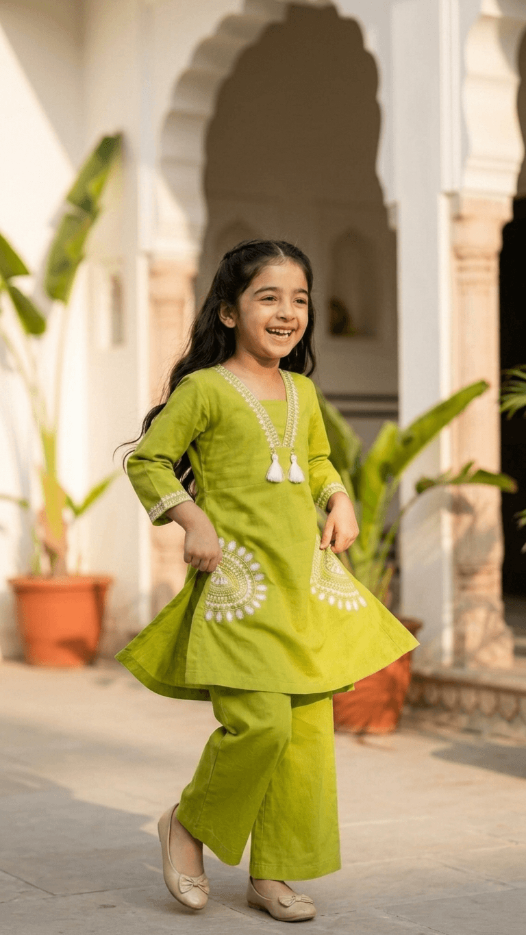 Girls Lime Green Embroidered Kurta and Palazzo Co-Ord Set | Kids Indo-Western Traditional Cotton Festive Wear Dress