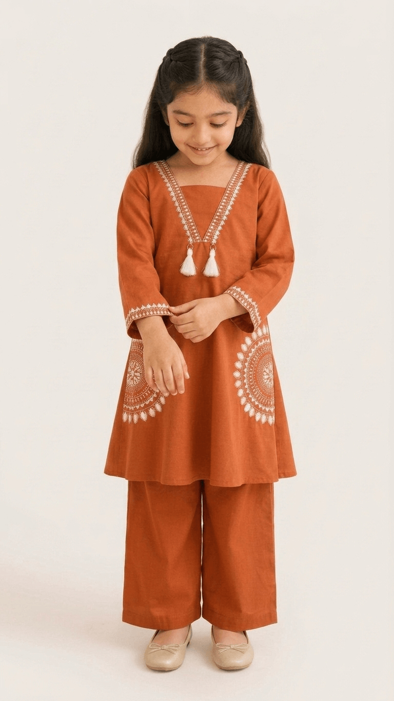 Girls Rust Orange Embroidered Kurta and Palazzo Co-Ord Set | Kids Indo-Western Traditional Cotton Festive Wear Dress
