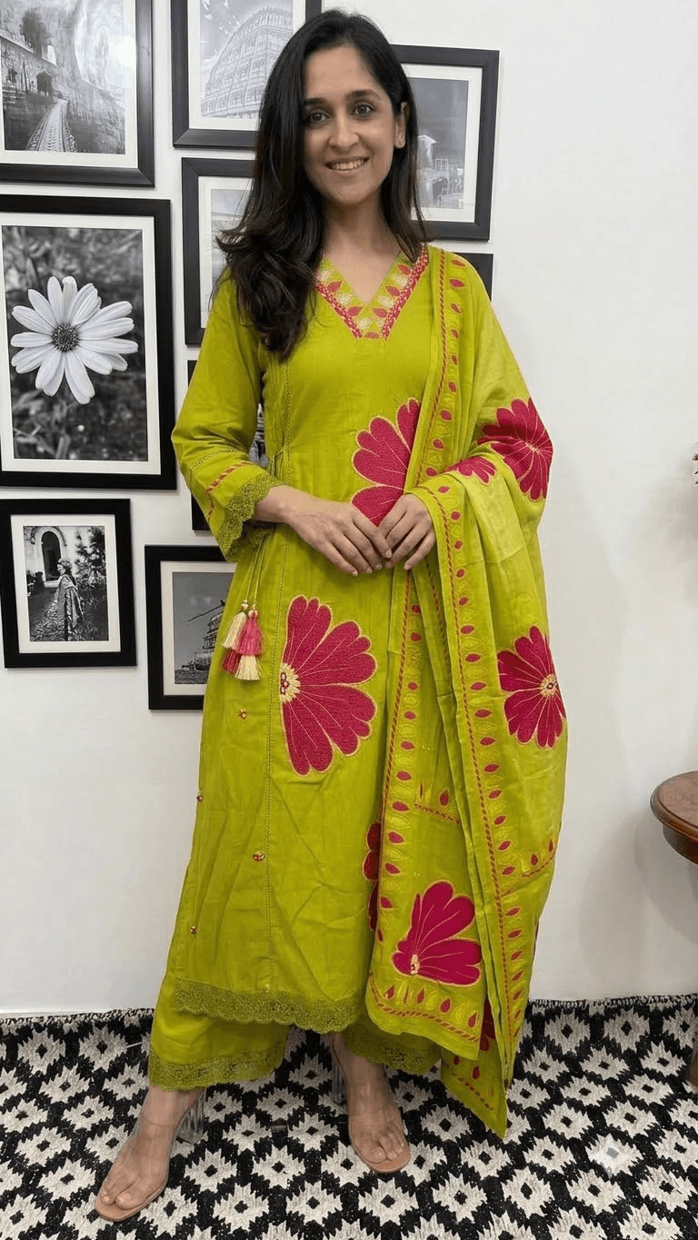 Olive Green Embroidered Cotton Kurta, Salwar with Dupatta Set