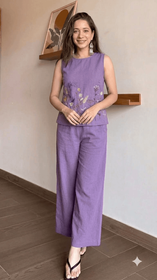 Lavender Embroidered Cotton Sleeveless Top with Wide-Leg Trouser Set