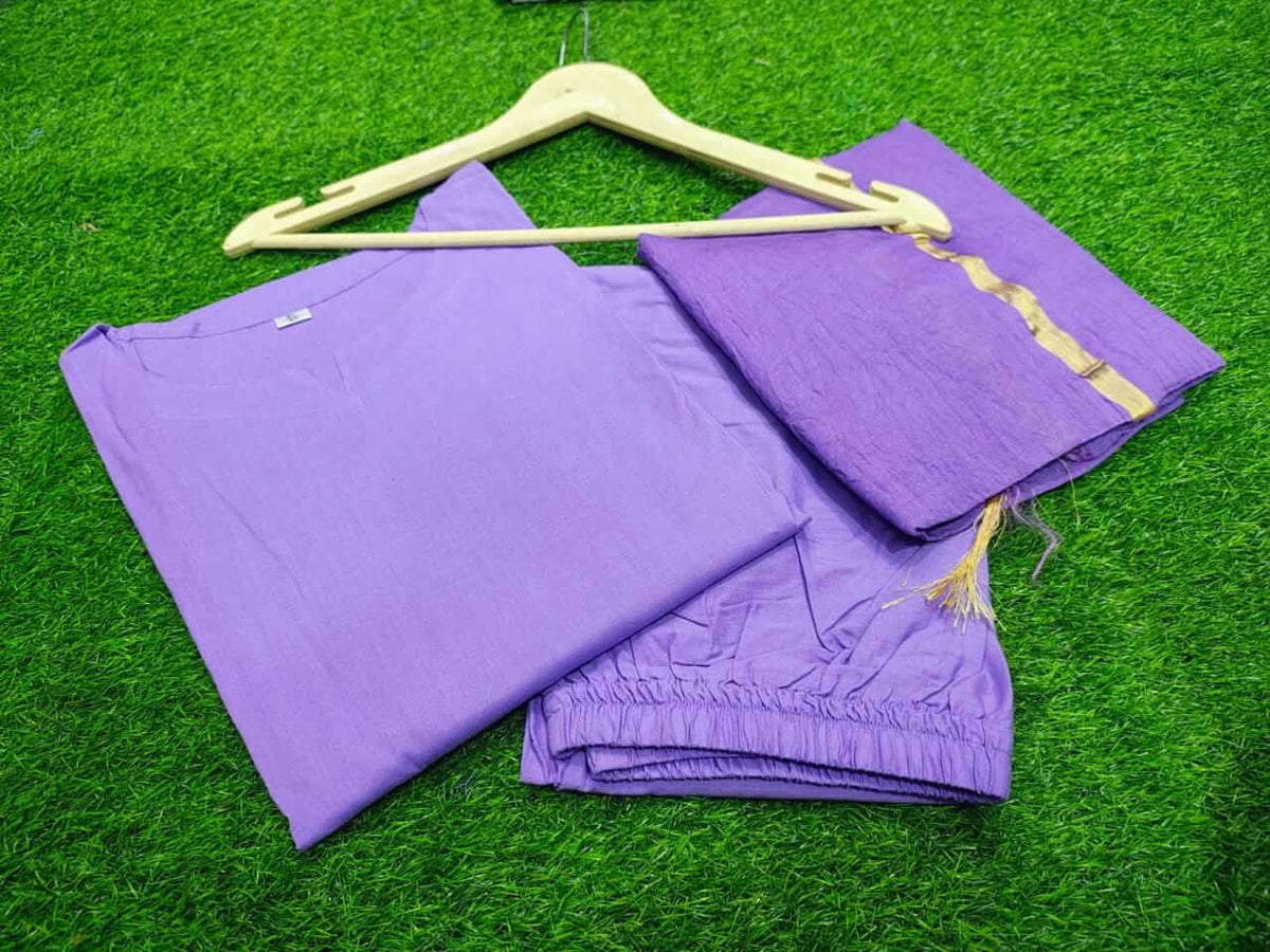 Women's Lavender Pure Cotton Straight Kurta Afghani Salwar Set with Dupatta – 3-Piece Lilac Minimalist Solid Suit Set with Kota Doria Border