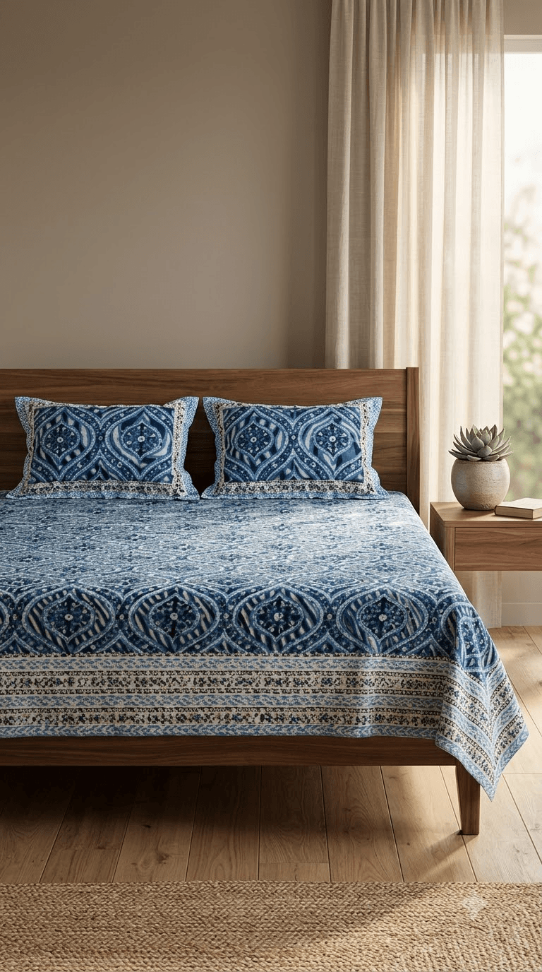 Blue and Indigo Block-Print Style Cotton Double Bedsheet with Pillow Covers