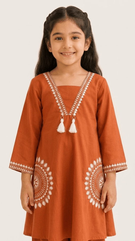 Girls Rust Orange Embroidered Kurta and Palazzo Co-Ord Set | Kids Indo-Western Traditional Cotton Festive Wear Dress