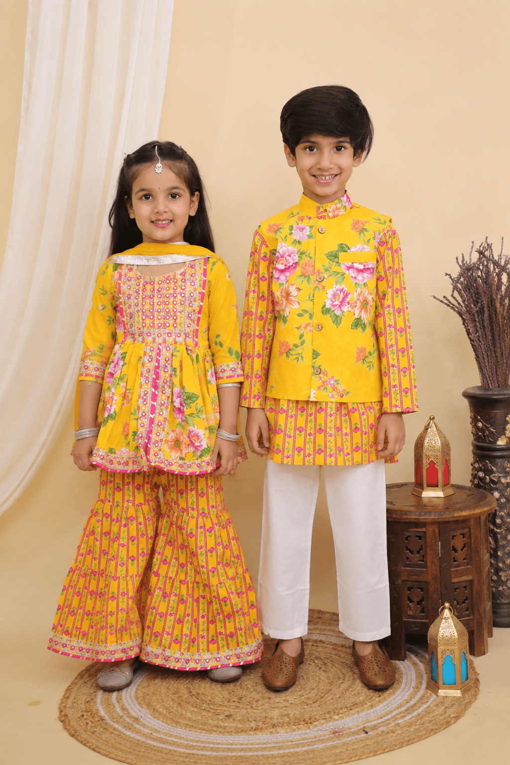 Bright Yellow Jaipuri Sibling Set for Kids – Festive Ethnic Wear