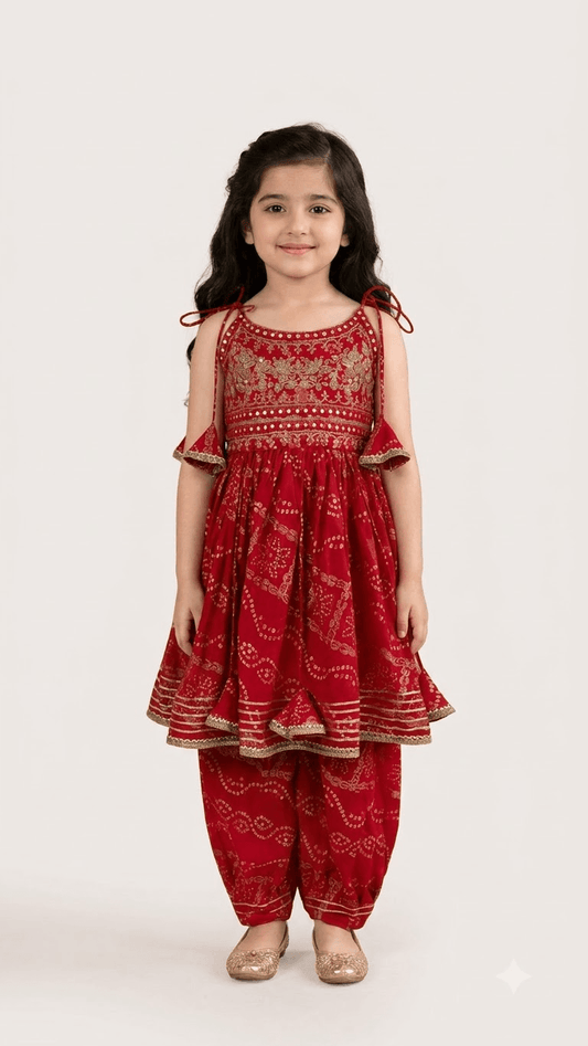 Girls Red Bandhani Printed Cotton Peplum Kurta with Dhoti Pant Set