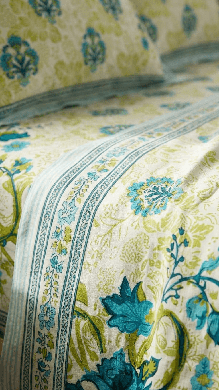 Light Green and Blue Floral Block-Print Style Cotton Double Bedsheet with Pillow Covers