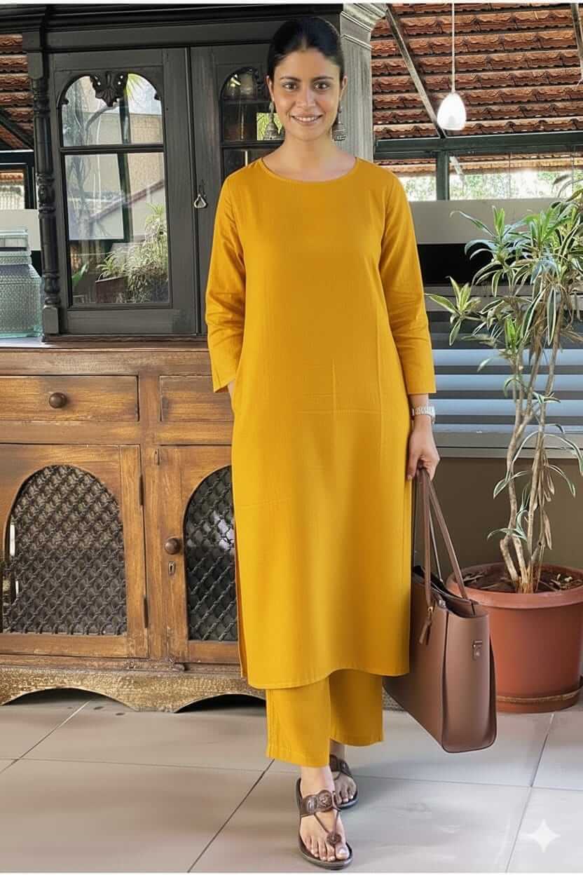 Women's Solid Mustard Yellow Cotton Linen Straight Kurta Pant Set – 2-Piece Minimalist Breathable Co-ord Set for Office and Daily Wear