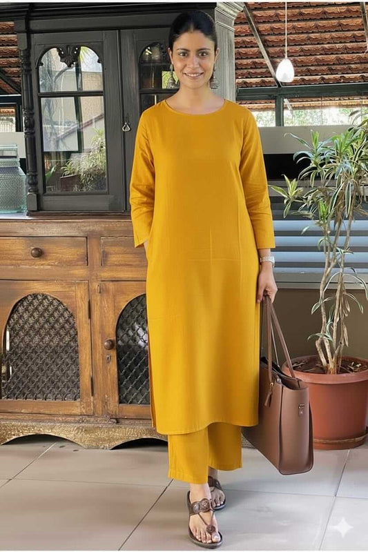 Women's Solid Mustard Yellow Cotton Linen Straight Kurta Pant Set – 2-Piece Minimalist Breathable Co-ord Set for Office and Daily Wear