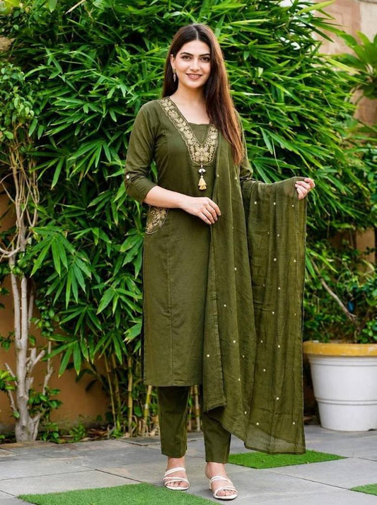 Women's Olive Green Embroidered Straight Kurta Pant Set with Dupatta – 3-Piece Mehendi Cotton Blend Suit Set with Embroidered Pockets