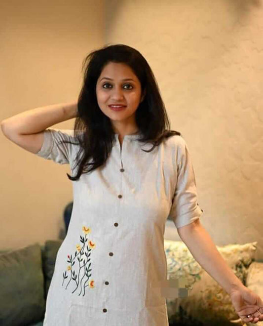 Women's Off-White Khadi Cotton Embroidered A-Line Kurti Dress – Handloom Button-Down Knee Length Indo-Western Midi Dress with Pocket
