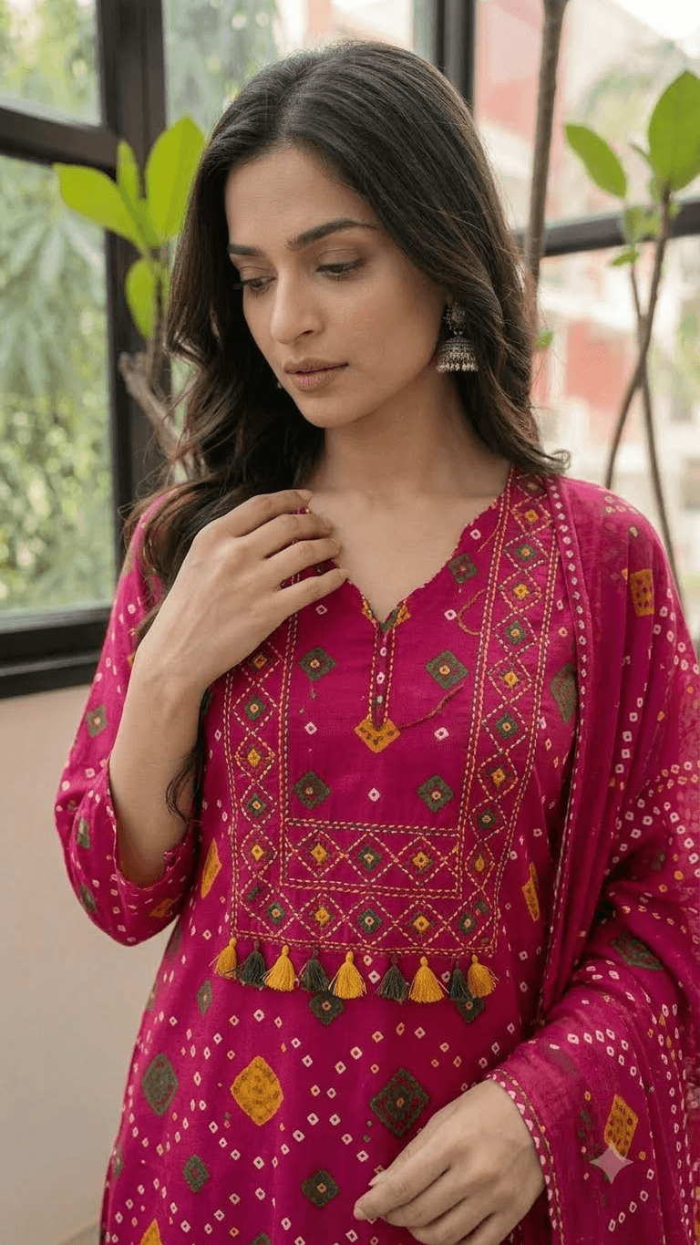 Women Magenta Bandhani Printed Cotton Patiala Suit Set with Dupatta