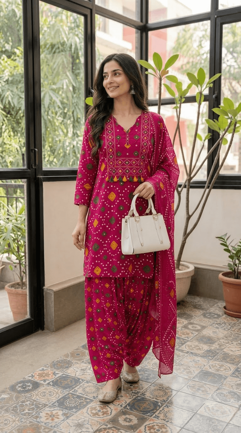 Women Magenta Bandhani Printed Cotton Patiala Suit Set with Dupatta