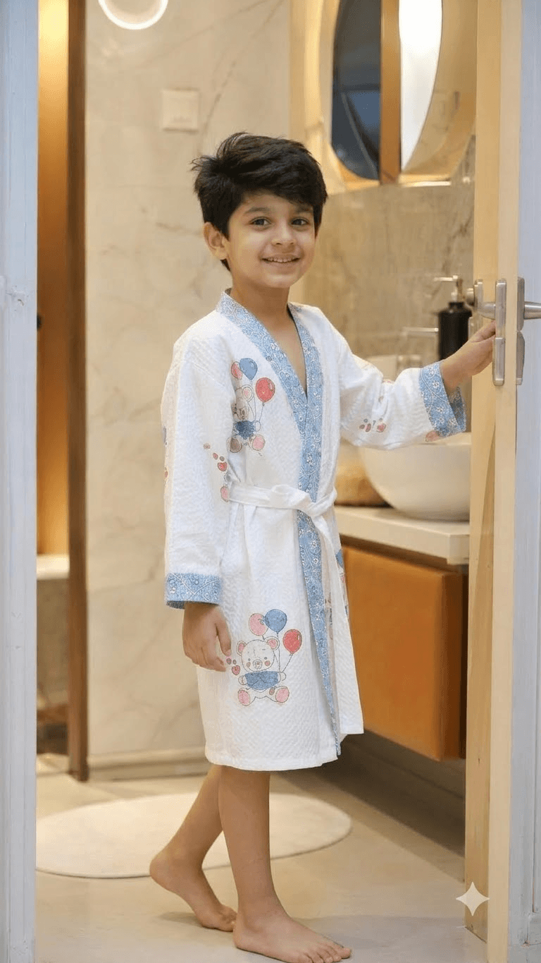 Kids Off-White & Powder Blue Elephant Balloon Printed 100% Cotton Waffle Bathrobe