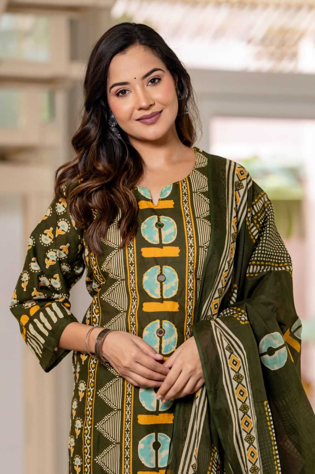 Olive Green Block Printed Cotton Kurta Set with Straight Pants & Matching Dupatta