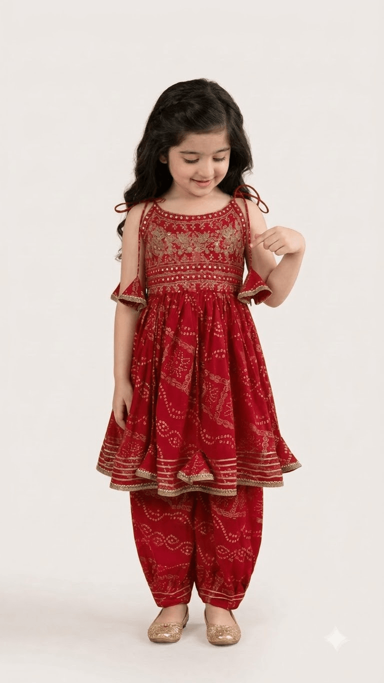 Girls Red Bandhani Printed Cotton Peplum Kurta with Dhoti Pant Set