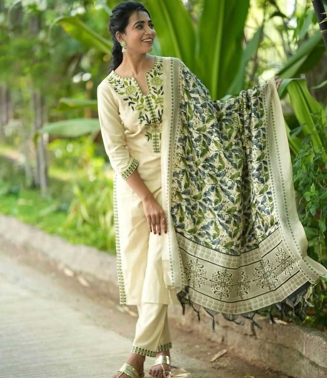 Off-White & Green Floral Embroidered Kurta Set with Printed Dupatta & Trousers