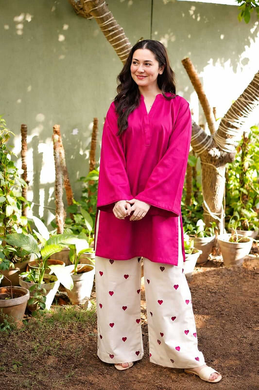 Hot Pink Short Cotton Tunic Co-Ord Set with Ivory Heart Embroidered Wide-Leg Pants