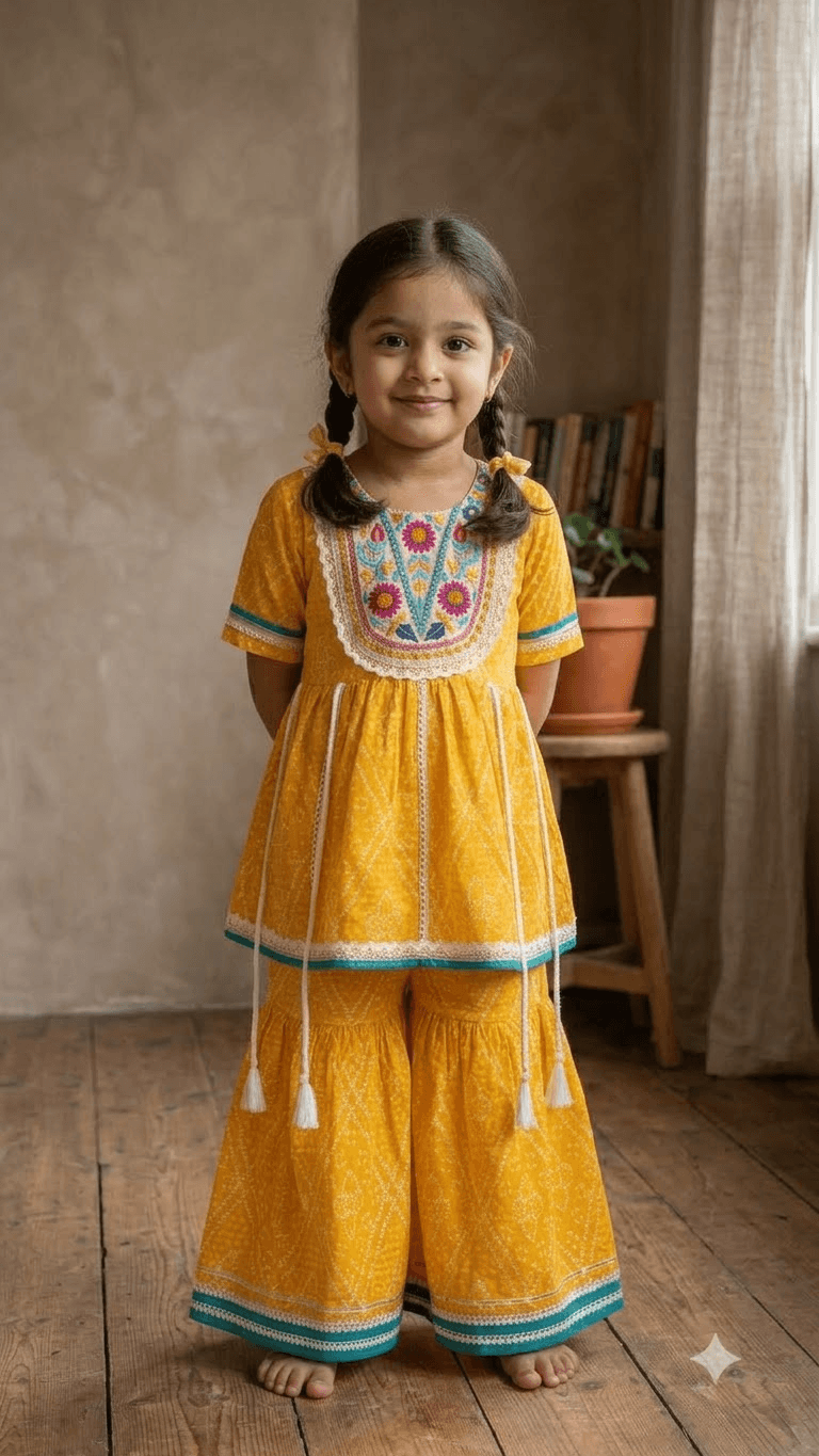 Girls Mustard Yellow Bandhani Printed Cotton Sharara Suit Set with Embroidered Yoke