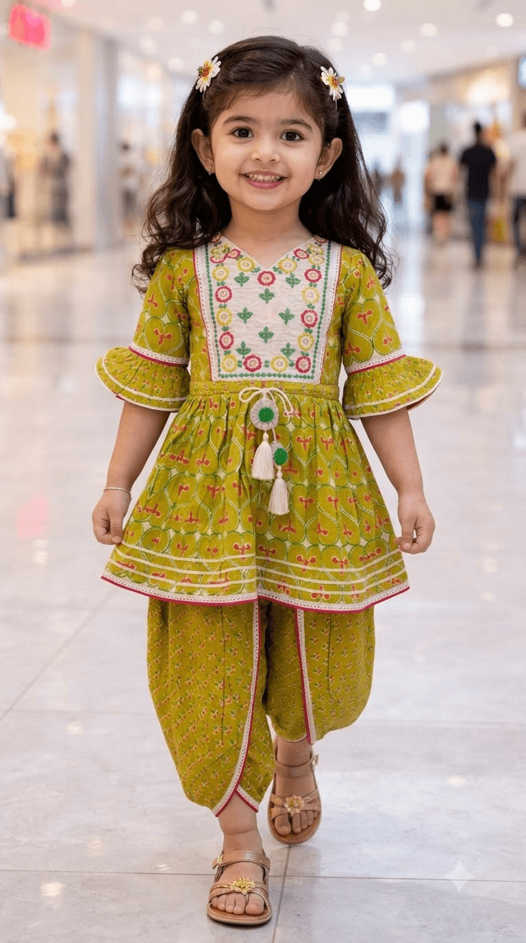 Girls Olive Green Printed Cotton Kurta with Dhoti Pant Set & Embroidered Yoke