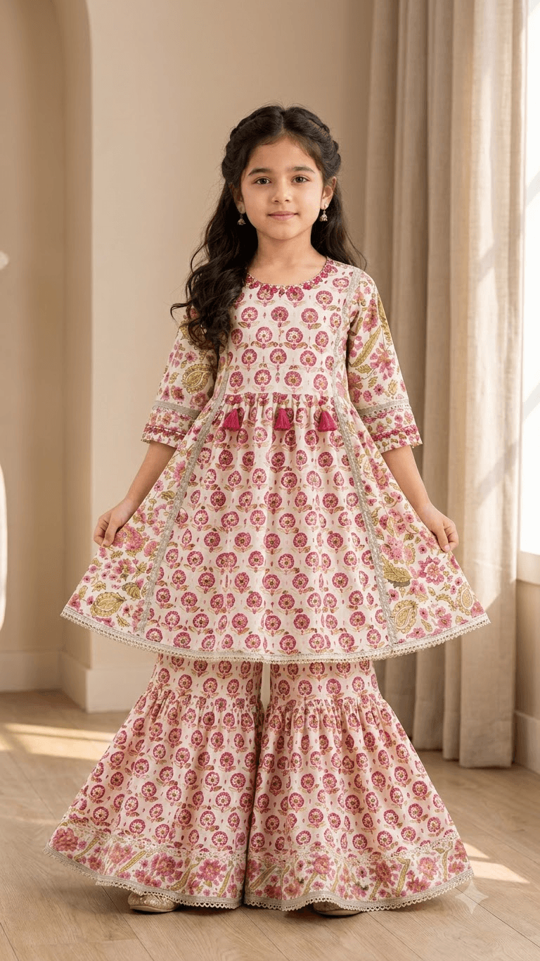 Girls Off-White & Pink Floral Block Printed Cotton Sharara Suit Set