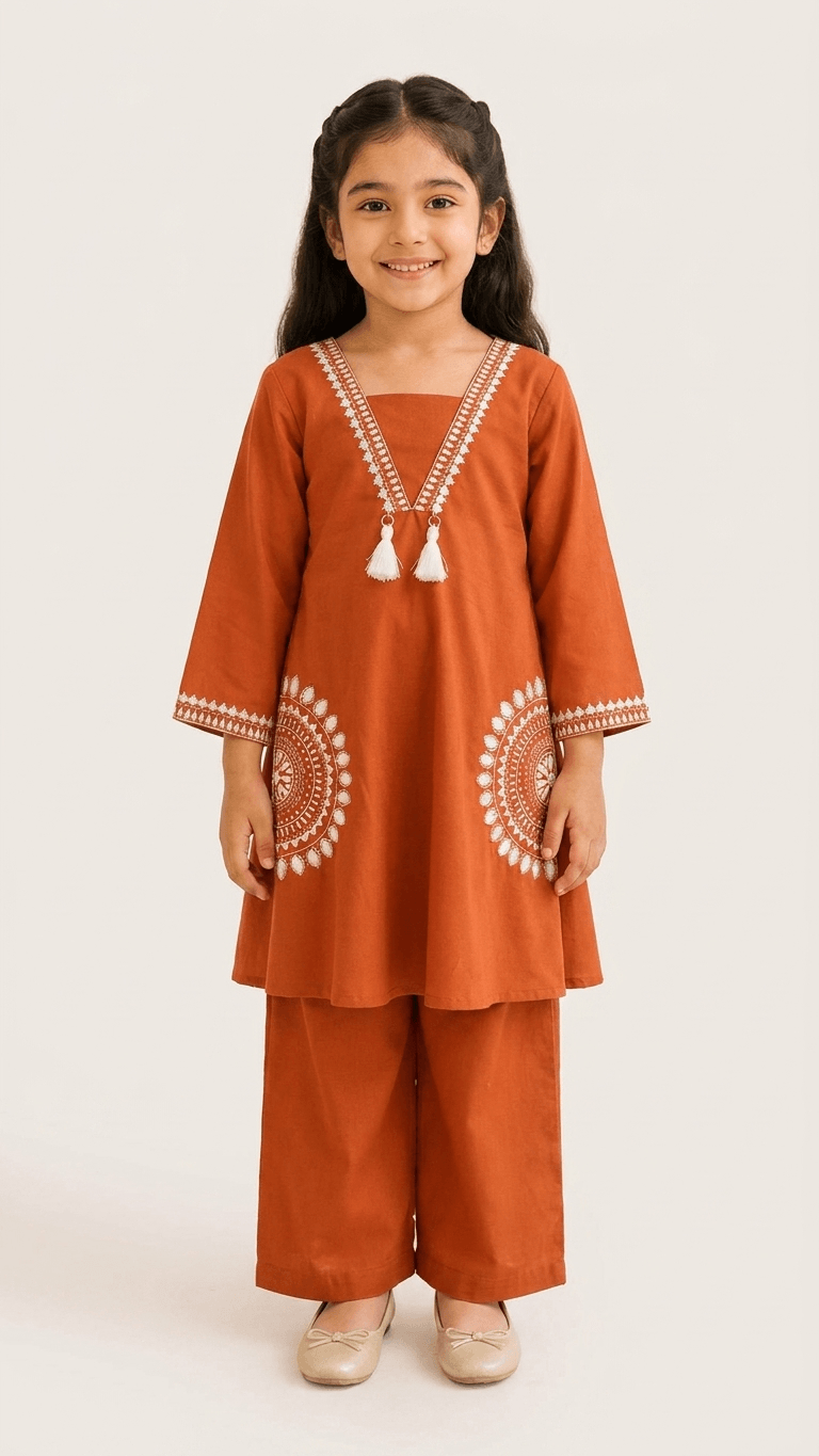 Girls Rust Orange Embroidered Kurta and Palazzo Co-Ord Set | Kids Indo-Western Traditional Cotton Festive Wear Dress